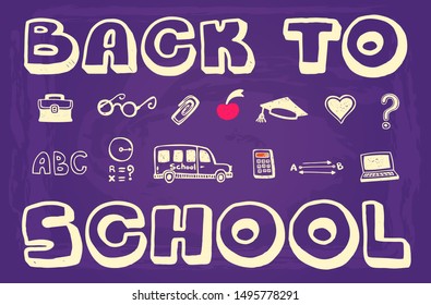 Back to School doodle brightly colored text and design elements on dark background