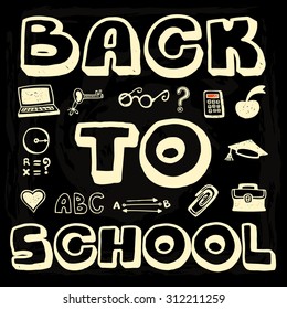 Back to School doodle brightly colored text and design elements on dark gray background