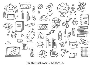 Back to school doodle. Childrens school collection. Stationery elements set. Back to school concept. 