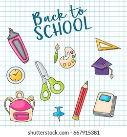 Back to school doodle clip art greeting card. Cartoon vector illustration for flyer to banner. Typography script text. 
