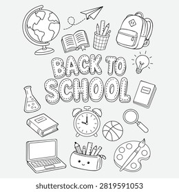 Back to school doodle collection featuring educational supplies books backpack globe and classroom icons in outline style isolated vector illustration for learning and academic projects.