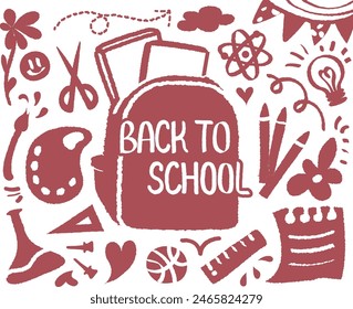 Zurück zur Schule doodle, bunte Hand mit Buntstift gezeichnet. BTS Welcome School Start Semester Hintergrund Muster Vektorillustration. Out-Line Draw mit Buchtasche. Lineal, Bleistift, Wissenschaft, Kunst, Schere