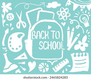 Zurück zur Schule doodle, bunte Hand mit Buntstift gezeichnet. BTS Welcome School Start Semester Hintergrund Muster Vektorillustration. Out-Line Draw mit Buchtasche. Lineal, Bleistift, Wissenschaft, Kunst, Schere