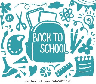 Zurück zur Schule doodle, bunte Hand mit Buntstift gezeichnet. BTS Welcome School Start Semester Hintergrund Muster Vektorillustration. Out-Line Draw mit Buchtasche. Lineal, Bleistift, Wissenschaft, Kunst, Schere