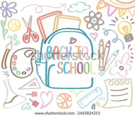 Back to school doodle, colorful hand drawn with crayon. BTS welcome school begin semester background pattern Vector illustration. Out-line draw with book bag. Ruler, Pencil, Science, Art, Scissors