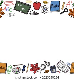 Back to school doodle colorful vector frame. Studying elements. Start of the school year. For post card, posters, decoration, banners.