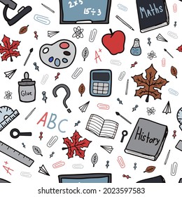 Back to school doodle colorful vector seamless pattern. Studying elements. Start of the school year. For wallpaper, fabric, posters, paper, craft , background.