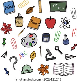 Back to school doodle colorful vector isolated set. Studying elements. Start of the school year.