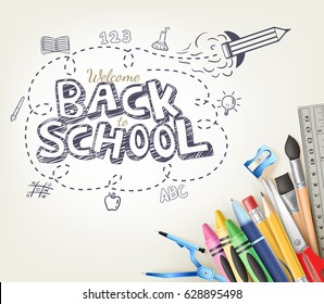 Back to School Doodle concept in white background with School Items.  Vector Illustration
