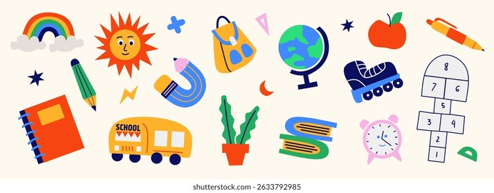 Voltar para a coleção de elementos de design de rabiscar escola. Conjunto de ilustração de vetor de papelaria em estilo plano retro de desenho animado, equipamento para estudo, itens, suprimentos para aprendizagem, livros, mochila, globo, lápis.