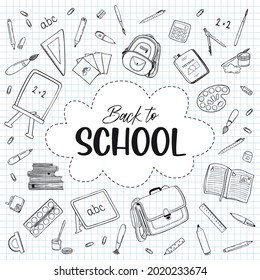 Back To School Doodle Design. Handdrawn Doodles School Supplies Stationary Objects. Schoolbag Stuff Line Art Drawing. Back To School Sketch And Lettering. School Doodles On Checkered Sheet Background.