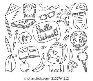 Back to School doodle drawn line set. Learning school supplies kit. Education concept objects for student, scissors backpack, light bulb idea, alarm clock, lunch and globe, pens, brush child vector