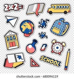 Back to School Doodle. Educational Stickers, Patches and Badges with Book, Pen and Globe. Vector illustration