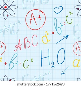 Back to school doodle elements bright beautiful pattern with different formulas vector illustration isolated on color background