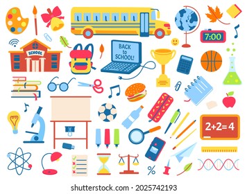 Back to school doodle elements, cute kids stickers. Backpack, books, pencils, notebook. Education, school stationery doodles vector set. Learning mathematics, chemistry on chalkboard