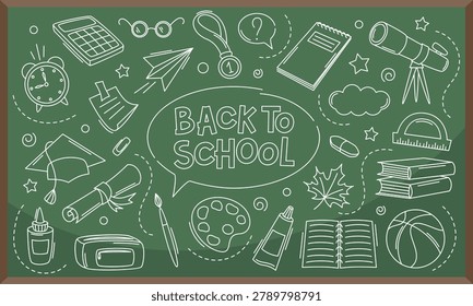 Back to school doodle elements. Hand drawn school supplies on blackboard. Education, learning, knowledge concept. Vector illustration