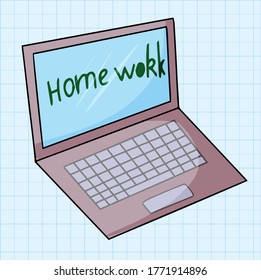 Back to school doodle elements laptop with homework on screen vector illustration isolated on color background