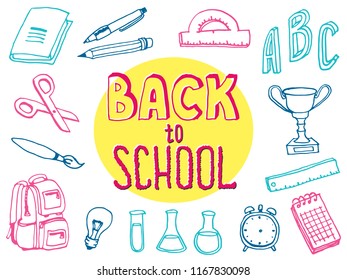 Back to school doodle elements. Lettering and school supplies collection. Sketch icon set. Vector illustration.