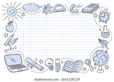 Back to school doodle elements. Poster with hand drawn school supplies  and copyspace. Education, learning, knowledge concept. Vector illustration
