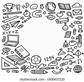 Back to School doodle elements with Round frame and space for text . Vector illustration black line style