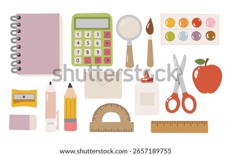 Back to school doodle elements. Supplies background. School supplies illustration. Stationery