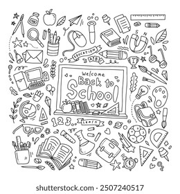 Back to school doodle elements. Vector illustration in line