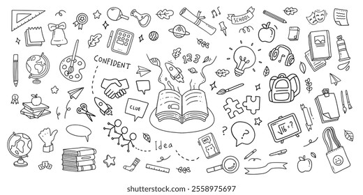 Back to school doodle elements. Vector illustration in line