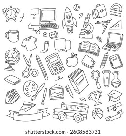 Back to school doodle elements. Vector illustration in line. Used for banner, poster, background, etc