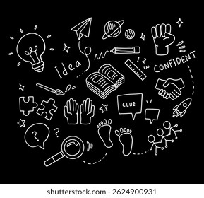 Back to school doodle elements. Vector illustration in line with black background