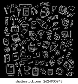 Back to school doodle elements. Vector illustration in line with black background