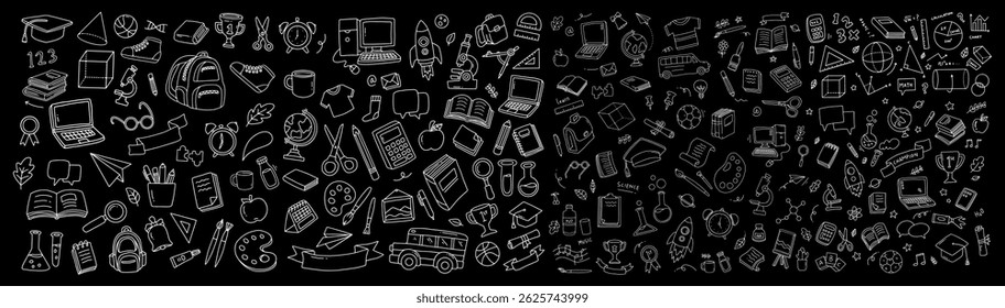 Back to school doodle elements. Vector illustration in line with black background