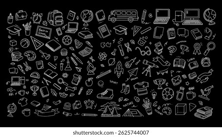 Back to school doodle elements. Vector illustration in line with black background
