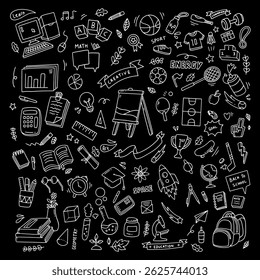 Back to school doodle elements. Vector illustration in line with black background