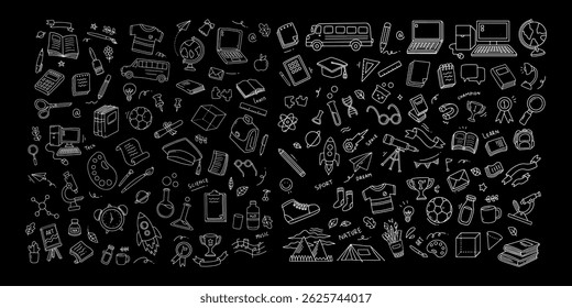Back to school doodle elements. Vector illustration in line with black background