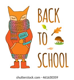 Back to school. Doodle fox in a scarf and with a book in his hands. Hand drawn illustrations.