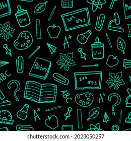 Zurück zur Schule doodle grüne Linie gezeichnet Vektornahtlose Muster. Lernen von Elementen. Beginn des Schuljahres. Für Tapeten, Gewebe, Poster, Papier, Handwerk, Hintergrund.