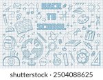 Back to school. Doodle hand drawn icons on notebook paper. Kids education. Pen sketch elements. College pattern. Children study. Science learn. Books and stationery. Line art. Vector tidy background