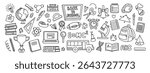 Back to school doodle. Hand drawn school supplies, student essentials, classroom and science icons, academic and learning elements. Line art education illustrations vector set.