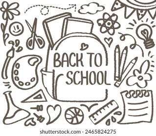 Back to school doodle, hand drawn with crayon. BTS welcome school begin semester background pattern Vector illustration. Out-line draw with book bag. Ruler, Pencil, Science, Art, Scissors, Light lamp