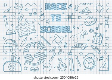 Back to school. Doodle hand drawn icons on notebook paper. Kids education. Pen sketch elements. College pattern. Children study. Science learn. Books and stationery. Line art. Vector tidy background