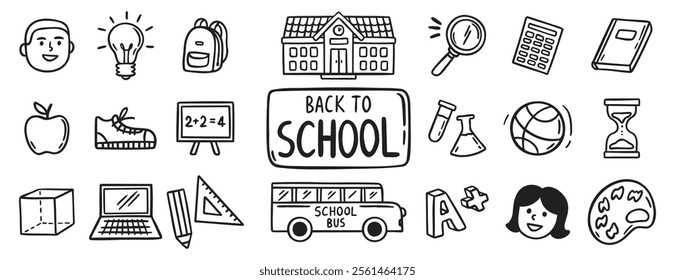 Back to School doodle hand drawn icon set. Outline drawing school items line clipart symbol collection . Vector illustration