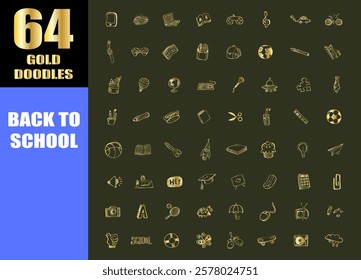 Back to school doodle hand drawn elements. gold line icons. luxury creative icons.