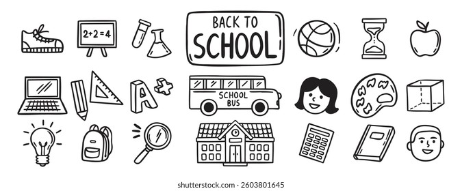 Back to School doodle hand drawn icon set. Outline drawing school items line clipart symbol collection . Vector illustration