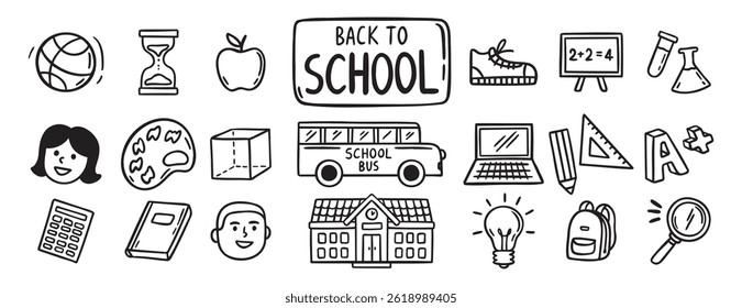 Back to School doodle hand drawn icon set. Outline drawing school items line clipart symbol collection . Vector illustration