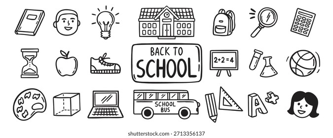 Volver a la escuela doodle dibujado a mano conjunto de iconos. Esquema de la línea de elementos escolares Clipart de símbolos colección . Ilustración vectorial