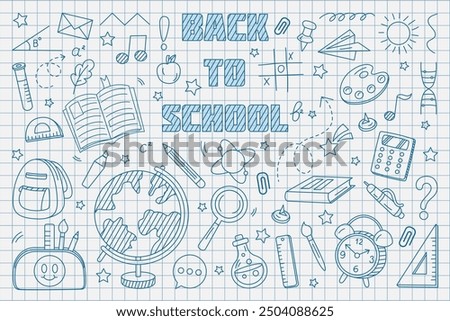 Back to school. Doodle hand drawn icons on notebook paper. Kids education. Pen sketch elements. College pattern. Children study. Science learn. Books and stationery. Line art. Vector tidy background
