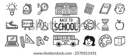 Back to School doodle hand drawn icon set. Outline drawing school items line clipart symbol collection . Vector illustration