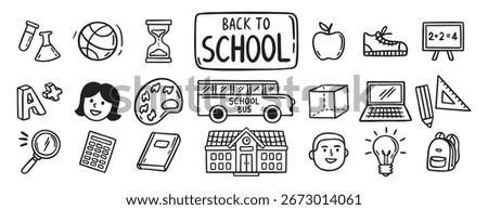 Back to School doodle hand drawn icon set. Outline drawing school items line clipart symbol collection . Vector illustration