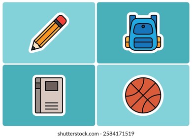 Back to School Doodle Icon Sticker Set. Education, Learning, and Sports Essentials