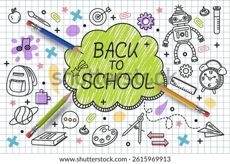 Back to school. Doodle icons drawing. Education concept. Checkered notebook paper. Creative idea. Kid study. Student line graphic sketch on board. Art scribble element. Vector sign tidy illustration